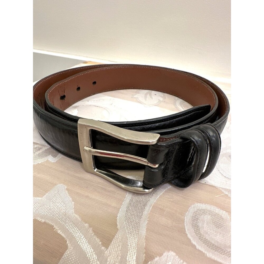 Perry Ellis Mens Black Italian Full Grain Leather Belt 34/85 With Silver Buckle
